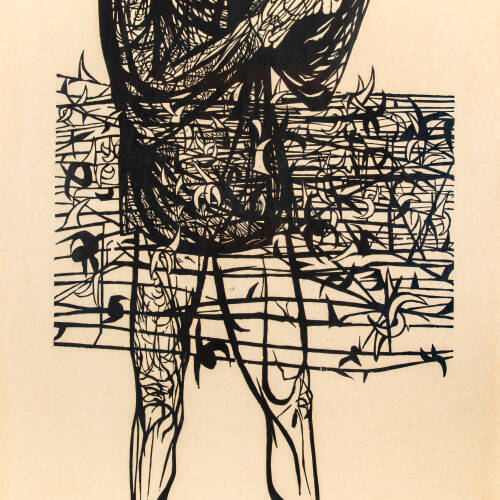 Print of a man holding a chicken behind a barbed wire fence.